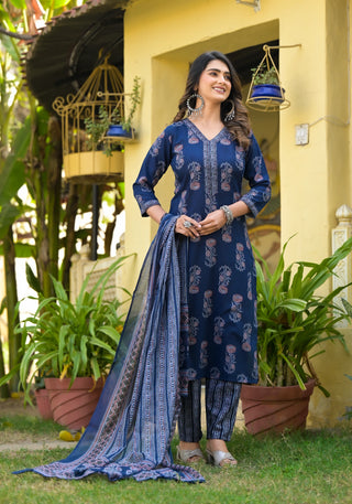 Blue Viscose Rayon Printed Suit Set with Cotton Dupatta