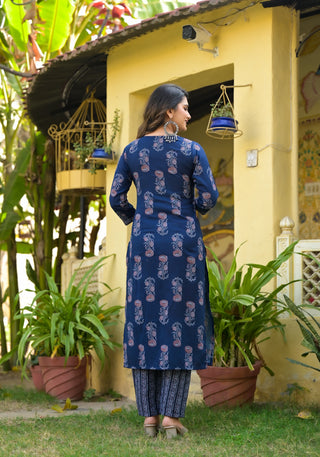 Blue Viscose Rayon Printed Suit Set with Cotton Dupatta