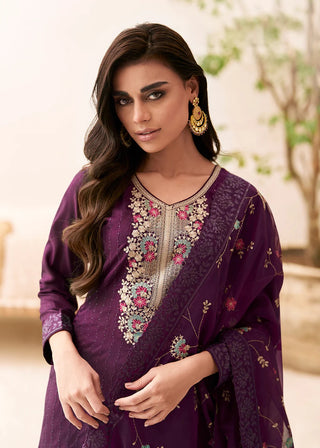 Purple Embroidered Silk Suit Set