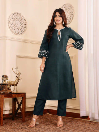 Bottle Green Cotton Blend Embroidered Kurta Set