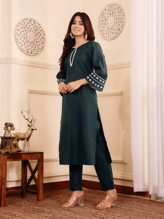 Bottle Green Cotton Blend Embroidered Kurta Set