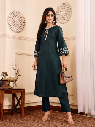 Bottle Green Cotton Blend Embroidered Kurta Set