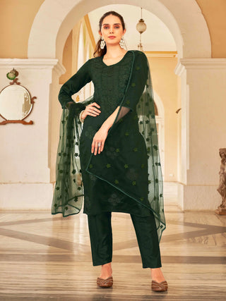 Bottle Green Silk Blend Thread Embroidered Straight Shape Suit Set with Net Dupatta