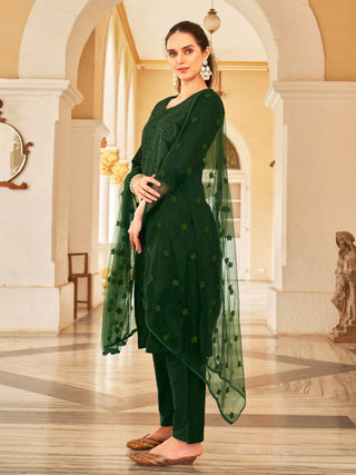 Bottle Green Silk Blend Thread Embroidered Straight Shape Suit Set with Net Dupatta