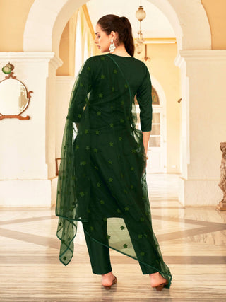 Bottle Green Silk Blend Thread Embroidered Straight Shape Suit Set with Net Dupatta