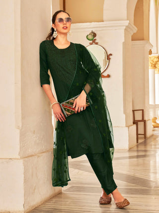 Bottle Green Silk Blend Thread Embroidered Straight Shape Suit Set with Net Dupatta