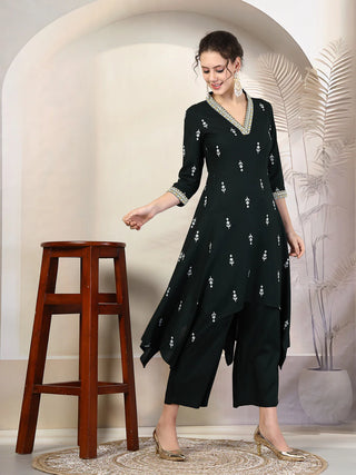Bottle Green Viscose Rayon Printed & Embroidered Kurta Bottom Set