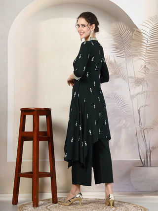 Bottle Green Viscose Rayon Printed & Embroidered Kurta Bottom Set