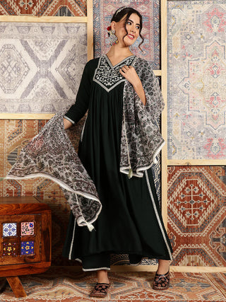 Bottle Green Viscose Rayon Embroidered Suit Set with Printed Dupatta