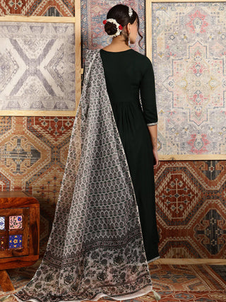 Bottle Green Viscose Rayon Embroidered Suit Set with Printed Dupatta