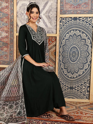 Bottle Green Viscose Rayon Embroidered Suit Set with Printed Dupatta