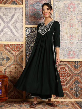 Bottle Green Viscose Rayon Embroidered Suit Set with Printed Dupatta