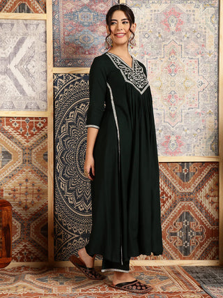 Bottle Green Viscose Rayon Embroidered Suit Set with Printed Dupatta
