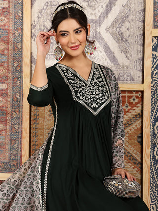 Bottle Green Viscose Rayon Embroidered Suit Set with Printed Dupatta