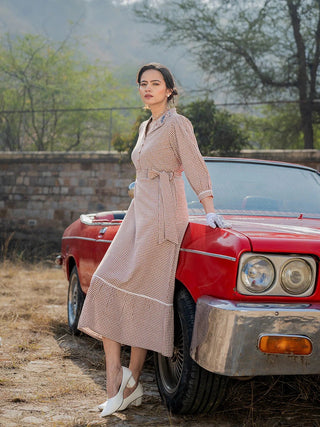 Brown & White Cotton Checked Print & Embroidered Shirt Dress