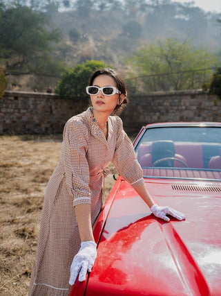 Brown & White Cotton Checked Print & Embroidered Shirt Dress