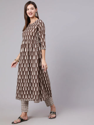 Brown Pure Cotton Printed A Line Suit Set with Dupatta