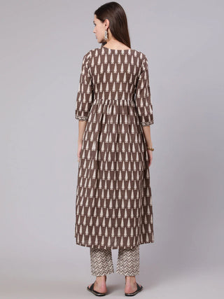 Brown Pure Cotton Printed A Line Suit Set with Dupatta