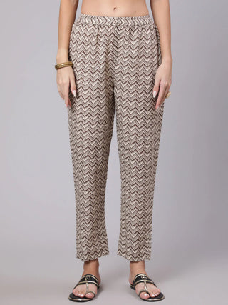 Brown Pure Cotton Printed A Line Suit Set with Dupatta