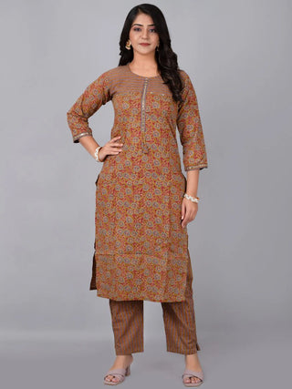 Brown Cotton Floral Print Kurta Pant Set