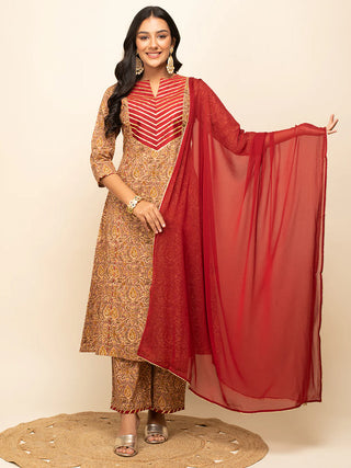 Brown Cotton Printed & Lace Detailing Suit Set with Nazmin Dupatta