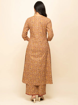 Brown Cotton Printed & Lace Detailing Suit Set with Nazmin Dupatta