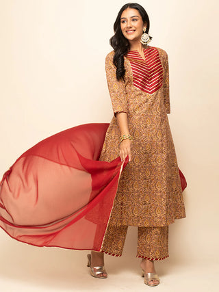 Brown Cotton Printed & Lace Detailing Suit Set with Nazmin Dupatta