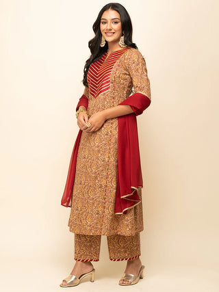 Brown Cotton Printed & Lace Detailing Suit Set with Nazmin Dupatta