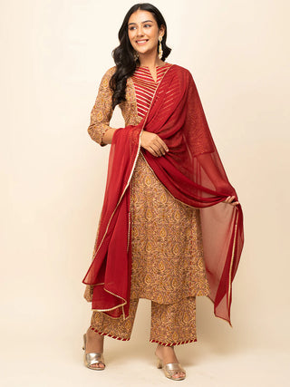 Brown Cotton Printed & Lace Detailing Suit Set with Nazmin Dupatta