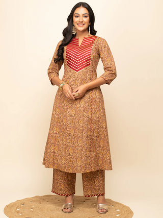 Brown Cotton Printed & Lace Detailing Suit Set with Nazmin Dupatta