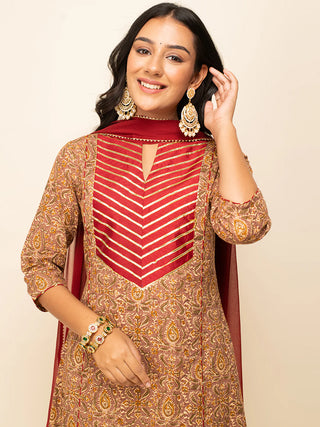 Brown Cotton Printed & Lace Detailing Suit Set with Nazmin Dupatta