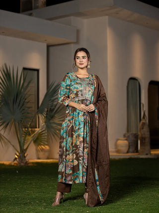 Brown Organic Cotton Floral Print & Embroidered Kurta with Malmal Cotton Bottom & Voile Dupatta