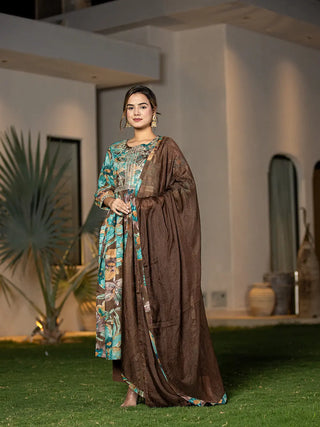 Brown Organic Cotton Floral Print & Embroidered Kurta with Malmal Cotton Bottom & Voile Dupatta