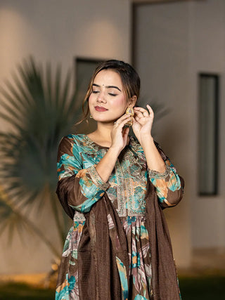 Brown Organic Cotton Floral Print & Embroidered Kurta with Malmal Cotton Bottom & Voile Dupatta