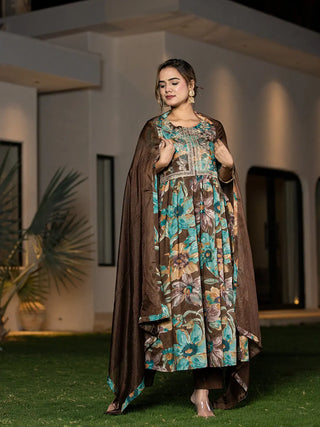 Brown Organic Cotton Floral Print & Embroidered Kurta with Malmal Cotton Bottom & Voile Dupatta