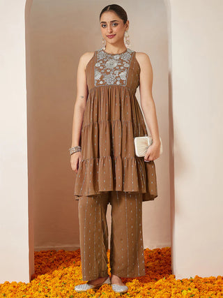 Brown Georgette Yoke Embroidered & Foil Print Tiered Kurta Palazzo Set
