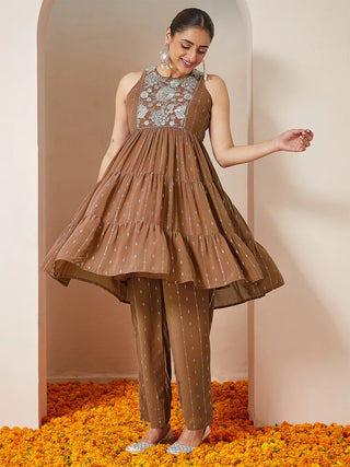 Brown Georgette Yoke Embroidered & Foil Print Tiered Kurta Palazzo Set