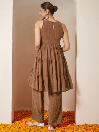 Brown Georgette Yoke Embroidered & Foil Print Tiered Kurta Palazzo Set