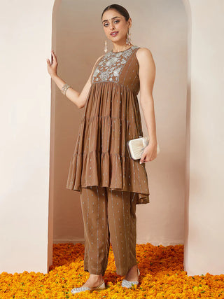 Brown Georgette Yoke Embroidered & Foil Print Tiered Kurta Palazzo Set
