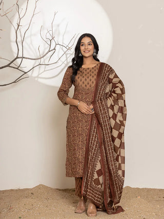 Brown Cotton Floral Print Straight Shape Suit Set with Voile Dupatta