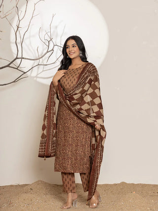 Brown Cotton Floral Print Straight Shape Suit Set with Voile Dupatta