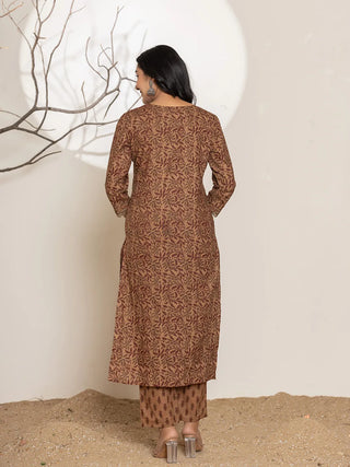 Brown Cotton Floral Print Straight Shape Suit Set with Voile Dupatta