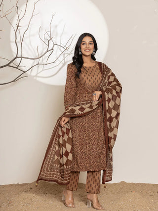 Brown Cotton Floral Print Straight Shape Suit Set with Voile Dupatta