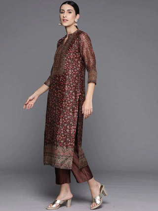 Brown Chanderi Silk Printed Kurta Set With Silk Blend Dupatta