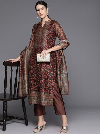 Brown Chanderi Silk Printed Kurta Set With Silk Blend Dupatta