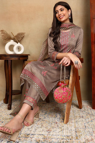 Brown Silk Blend Embroidered Straight Shape Suit Set with Dupatta