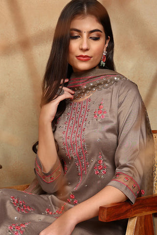 Brown Silk Blend Embroidered Straight Shape Suit Set with Dupatta