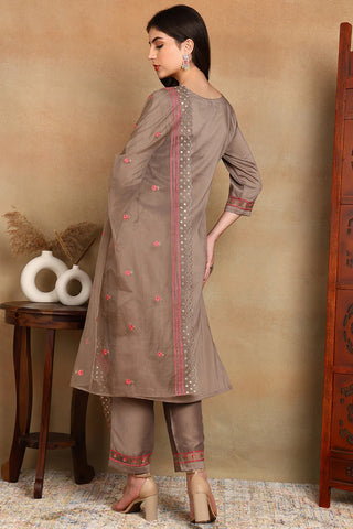 Brown Silk Blend Embroidered Straight Shape Suit Set with Dupatta