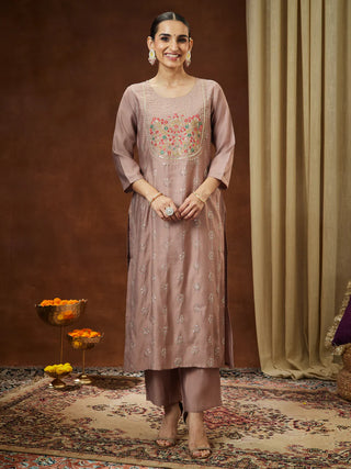 Brown Silk Blend Zari Embroidered Kurta Bottom Set