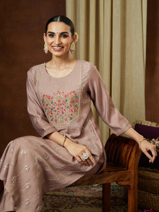 Brown Silk Blend Zari Embroidered Kurta Bottom Set